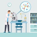 Researcher with microscope vector illustration. Cartoon male scientist studying test results, molecule structure in Royalty Free Stock Photo