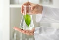 Lab worker holding flask with leaf on blurred background, closeup Royalty Free Stock Photo