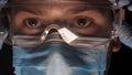 A lab worker in a mask puts on protective work glasses for working in laboratories. Concept of: Protective mask, Protective goggle Royalty Free Stock Photo