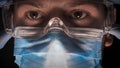 A lab worker in a mask puts on protective work glasses for working in laboratories. Concept of: Protective mask, Protective goggle Royalty Free Stock Photo