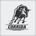 Label with aggressive bull. Corrida emblem. Vector illustration.