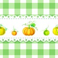 Label or background template with ripe orange pumpkins on chequered backdrop in retro country style for package or product design