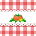 Label with big ripe tomato on chequered backdrop in retro country style for package or product design. seamless red and white