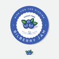Label for bilberry jam. Round sticker for jar with berries, leaves and letters in a circle.