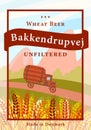 Label for a bottle of beer, a truck with a barrel of beer drives on the road past a wheat field. Wheat unfiltered beer concept