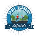 label of boys playing skateboard in the park