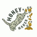 Label with cat playing with gold coins, dollar sign. Text Money Maker. 100 dollar bills inside of silhouette of cat.