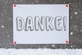 Label On Cement Wall, Snowflakes, Danke Means Thank You