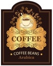 Label for coffee beans arabica with cup and splash Royalty Free Stock Photo