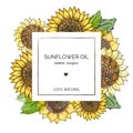 Label design template for extra virgin sunflower oil. Vector hand drawn illustration sunflowers on square frame on white