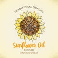 Label design template for refined sunflower oil. Vector illustration with handdrawn sunflowers on paper background for sunflower