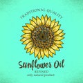 Label design template for refined sunflower oil. Vector illustration with handdrawn sunflowers on turquoise background for