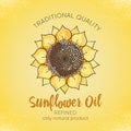 Label design template for refined sunflower oil. Vector sketch illustration with handdrawn sunflowers on yelow background for