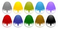 Label drops egg models with ten variation color isolated white backgrounds, liquids drops. Colorful droplets of oil, honey, Royalty Free Stock Photo