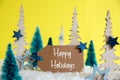 Christmas Trees, Snow, Yellow Background, Label, Happy Holidays Royalty Free Stock Photo