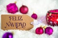 Label Feliz Navidad, Means Merry Christmas , Christmas Background With Snow