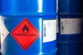 Label of flammable liquid, hazardous chemical warning symbol on the chemical barrel show caution for use, dimethylbutane, methanol
