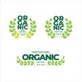 Label food products 100% organic, natural, eco guarantee, fresh, with circle leaf. Royalty Free Stock Photo