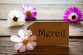 Label With French Text Merci With Cosmea Blossoms Royalty Free Stock Photo