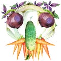 Label funny face vegetables. Assorted raw organic vegetables. watercolor illustration. watercolor vegetables and herbs background