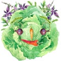 Label funny face vegetables. Assorted raw organic vegetables. watercolor illustration. watercolor vegetables and herbs background