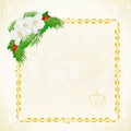 Label gold frame with jasmine and pine branches and holly floral festive background vintage vector illustration editable Royalty Free Stock Photo