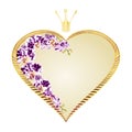 Label golden heart with a crown orchid Phalaenopsis spotted purple and white and buds valentine`s day festive background