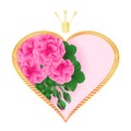 Label golden hearts with a crown and pelargonium Geranium pink flowers and buds whit leavesvalentine`s day festive background