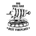 Label for grill bar, BBQ or public house. Pig strung on spit fried on charcoal