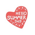 Label heart Hello Summer 2019 and sun.