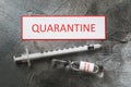 Label with inscription, syringe and ampoule with COVID-19 coronavirus vaccine. Concept of a quarantine