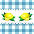 Label with juicy ripe lemon on chequered backdrop in retro country style for product package design. seamless blue and