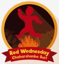 Label with Man Jumping over Fire in Red Wednesday, Vector Illustration
