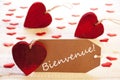Label With Many Red Heart, Bienvenue Means Welcome