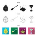 Label of olive oil, spoon with a drop, olives on sticks, a glass of alcohol. Olives set collection icons in black,flat Royalty Free Stock Photo