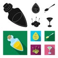 Label of olive oil, spoon with a drop, olives on sticks, a glass of alcohol. Olives set collection icons in black,flat Royalty Free Stock Photo