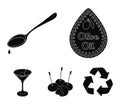 Label of olive oil, spoon with a drop, olives on sticks, a glass of alcohol. Olives set collection icons in black style Royalty Free Stock Photo