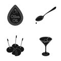 Label of olive oil, spoon with a drop, olives on sticks, a glass of alcohol. Olives set collection icons in black style Royalty Free Stock Photo