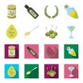 Label of olive oil, spoon with a drop, olives on sticks, a glass of alcohol. Olives set collection icons in cartoon,flat Royalty Free Stock Photo