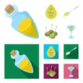 Label of olive oil, spoon with a drop, olives on sticks, a glass of alcohol. Olives set collection icons in cartoon,flat Royalty Free Stock Photo