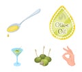 Label of olive oil, spoon with a drop, olives on sticks, a glass of alcohol. Olives set collection icons in cartoon Royalty Free Stock Photo