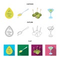 Label of olive oil, spoon with a drop, olives on sticks, a glass of alcohol. Olives set collection icons in cartoon Royalty Free Stock Photo