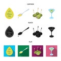 Label of olive oil, spoon with a drop, olives on sticks, a glass of alcohol. Olives set collection icons in cartoon Royalty Free Stock Photo