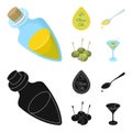 Label of olive oil, spoon with a drop, olives on sticks, a glass of alcohol. Olives set collection icons in cartoon Royalty Free Stock Photo