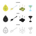 Label of olive oil, spoon with a drop, olives on sticks, a glass of alcohol. Olives set collection icons in cartoon Royalty Free Stock Photo