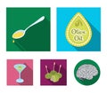 Label of olive oil, spoon with a drop, olives on sticks, a glass of alcohol. Olives set collection icons in flat style Royalty Free Stock Photo