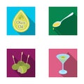 Label of olive oil, spoon with a drop, olives on sticks, a glass of alcohol. Olives set collection icons in flat style Royalty Free Stock Photo