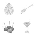 Label of olive oil, spoon with a drop, olives on sticks, a glass of alcohol. Olives set collection icons in monochrome Royalty Free Stock Photo