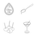 Label of olive oil, spoon with a drop, olives on sticks, a glass of alcohol. Olives set collection icons in outline Royalty Free Stock Photo