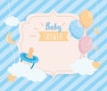 Label of pacifier with balloons and clouds decoration